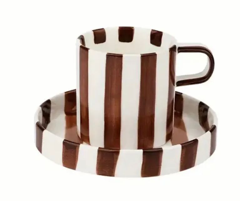 STRIPE TEACUP AND SAUCER SET - BROWN