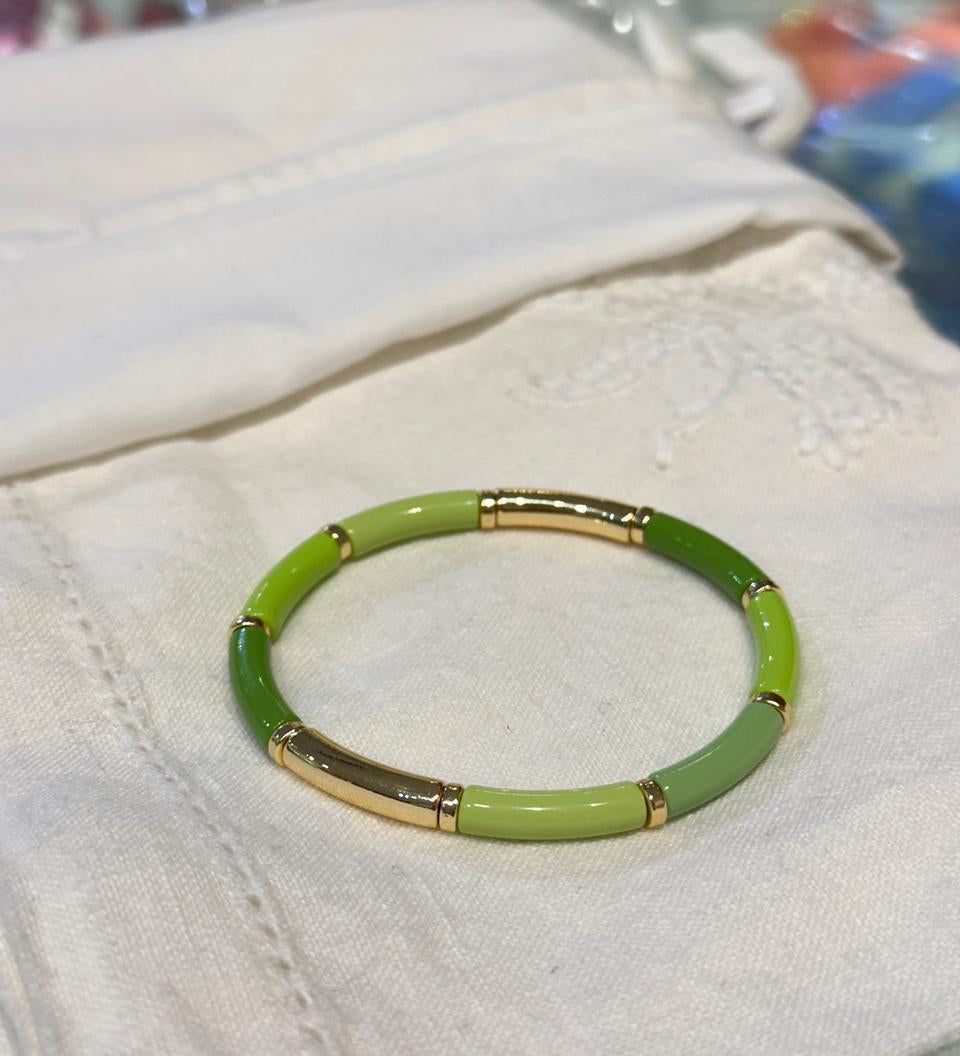 Forest Green & Gold Curved Bar Stretch Bracelet