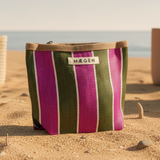Accessory Pouch - Brown Binding - Olive/Pink Stripe