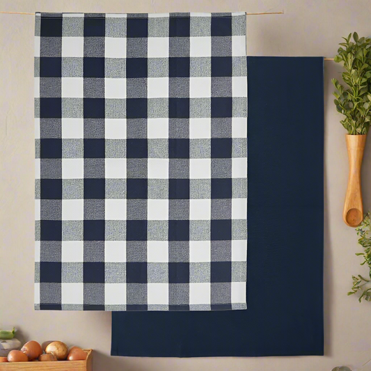 CHECK & PLAIN TEA TOWEL - BLUE