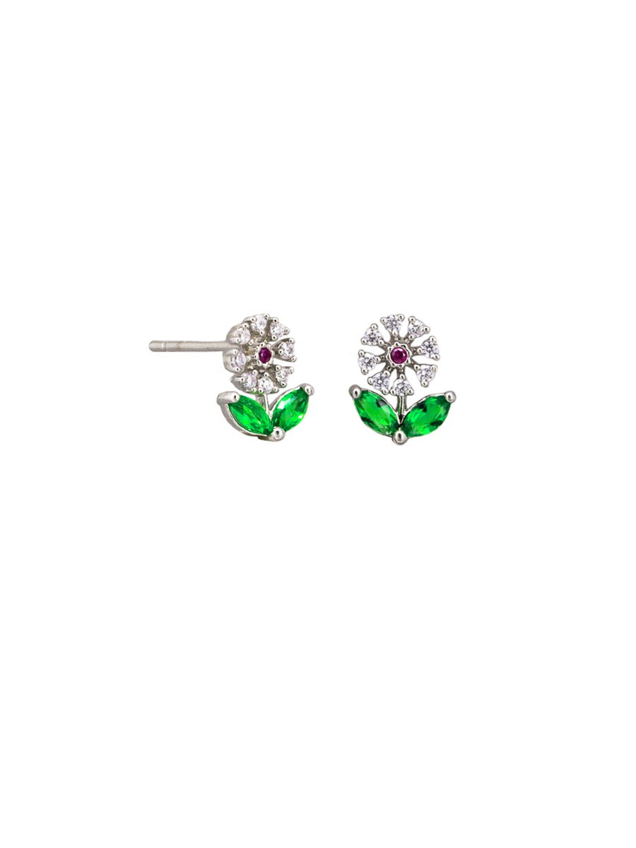 SILVER CRYSTAL GARDEN FLOWER EARRING