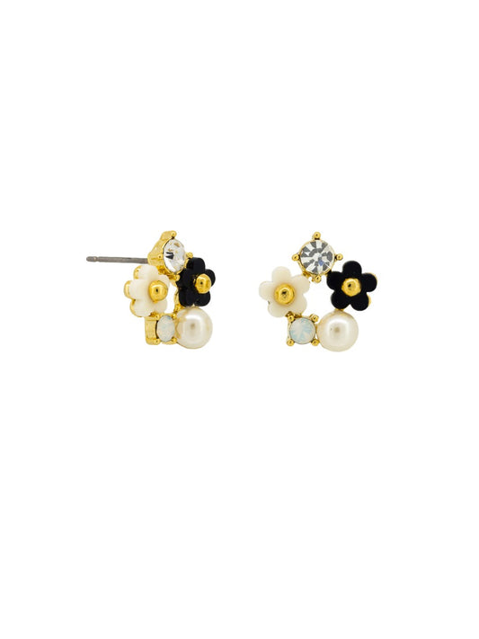 BLACK WHITE AND CRYSTAL DAISY GARDEN EARRING