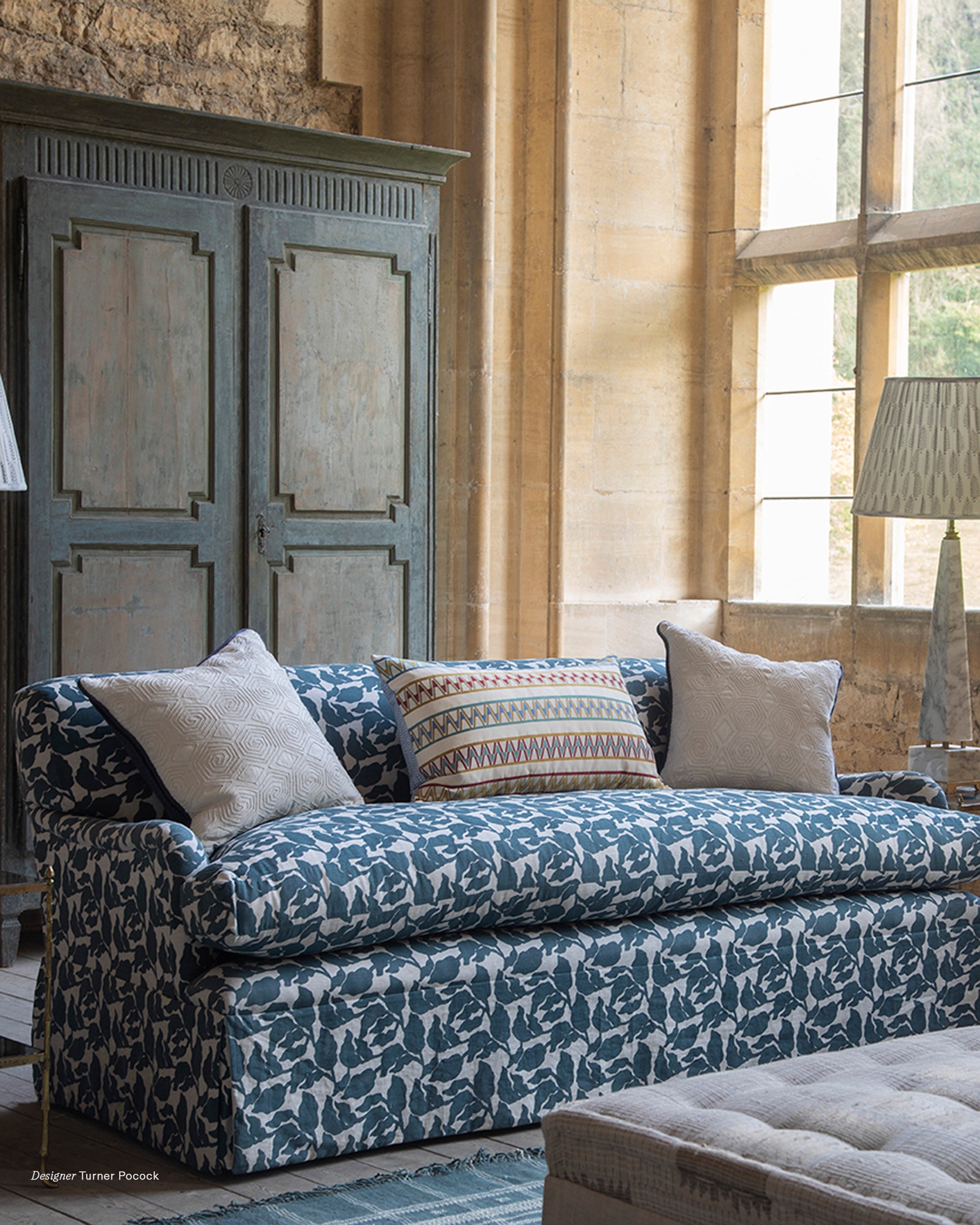 Flores Pacific Blue fabric by Walter G shown in a styled interior, reference LINN15.026