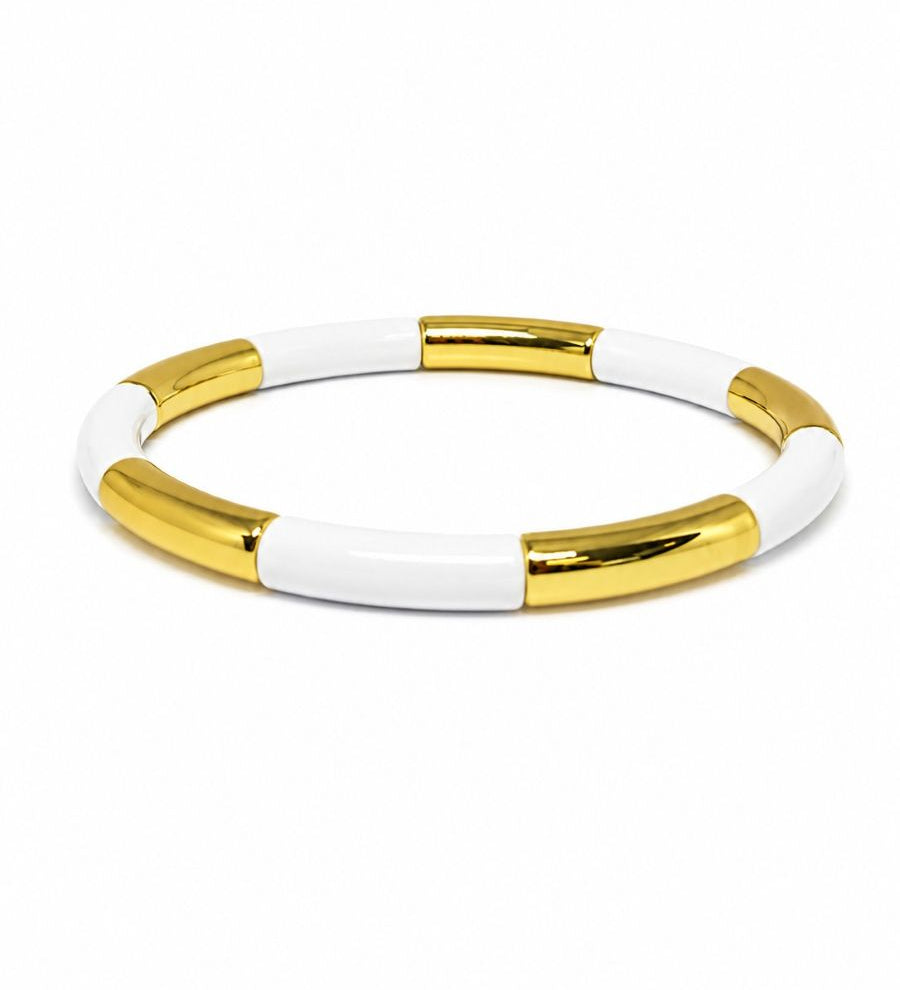 White & Gold Curved Bar Stretch Bracelet
