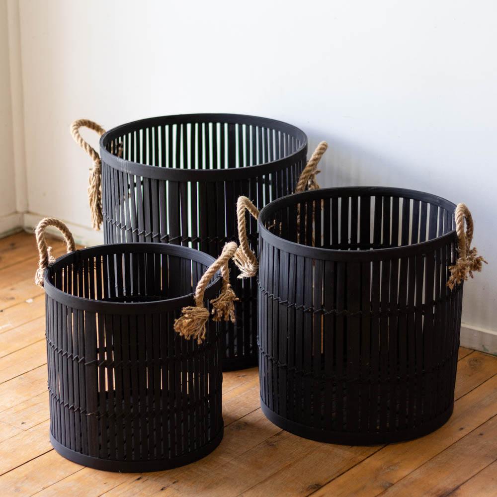 LALI BLACK RATTAN BASKET WITH ROPE HANDLES - S