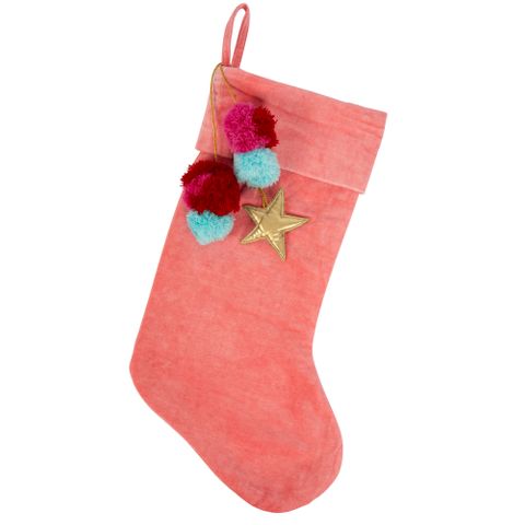 VELVET POM POM STOCKING - LOLLIPOP PINK