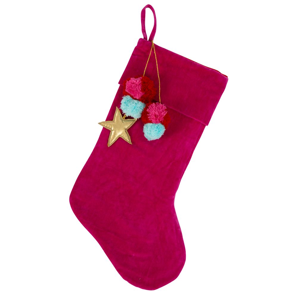 VELVET POM POM STOCKING - FUCHSIA PINK