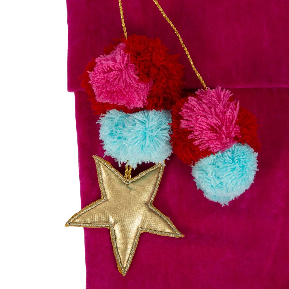 VELVET POM POM STOCKING - FUCHSIA PINK