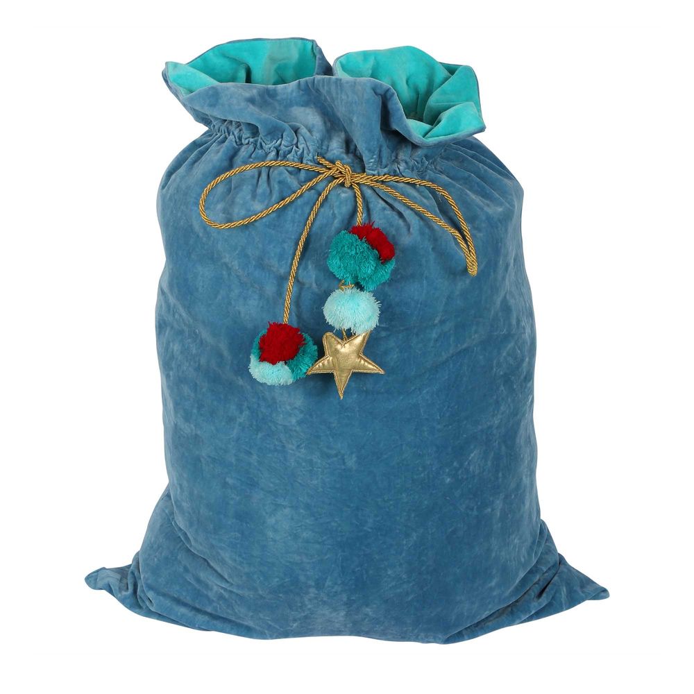 VELVET POM POM SACK - LIGHT BLUE