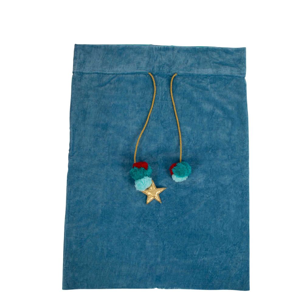 VELVET POM POM SACK - LIGHT BLUE