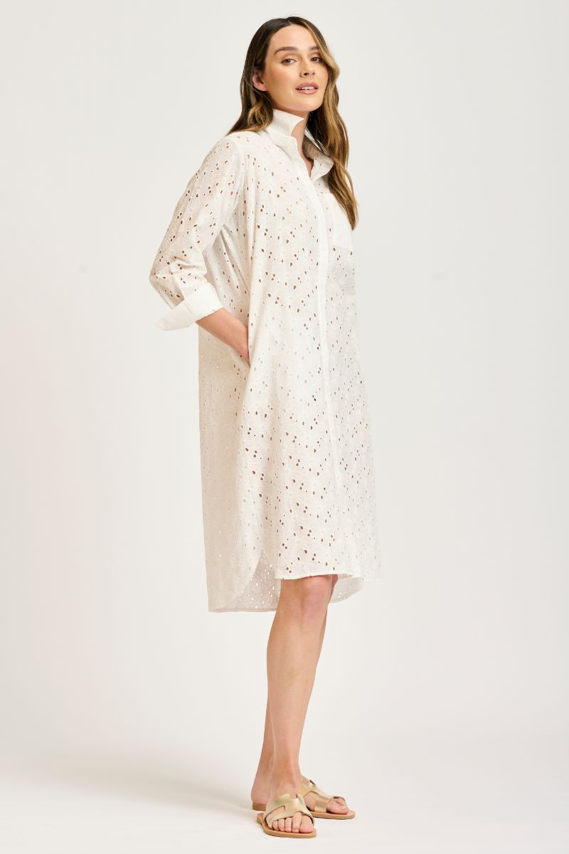 THE GATHERED BACK SHIRT DRESS - BRODERIE WHITE
