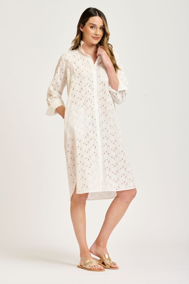 THE GATHERED BACK SHIRT DRESS - BRODERIE WHITE