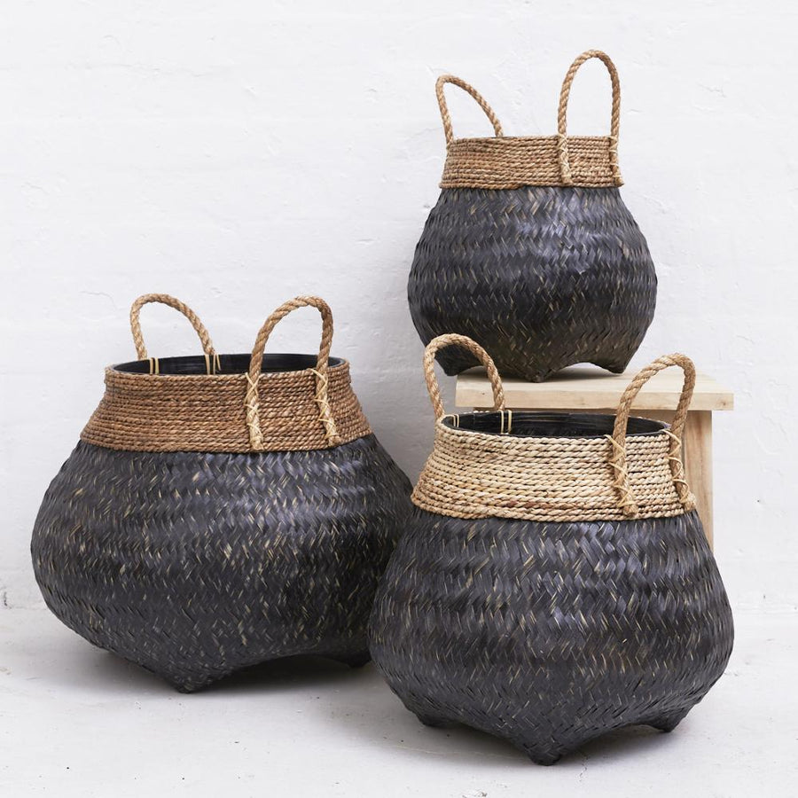 BAMBOO BASKET WITH SEAGRASS TRIM BLACKWASHED - L