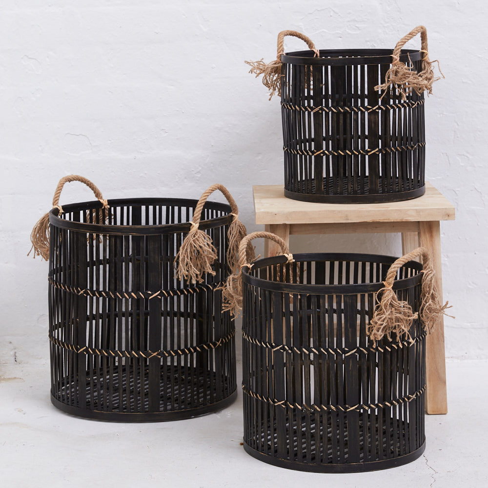 LALI BLACK RATTAN BASKET WITH ROPE HANDLES - S